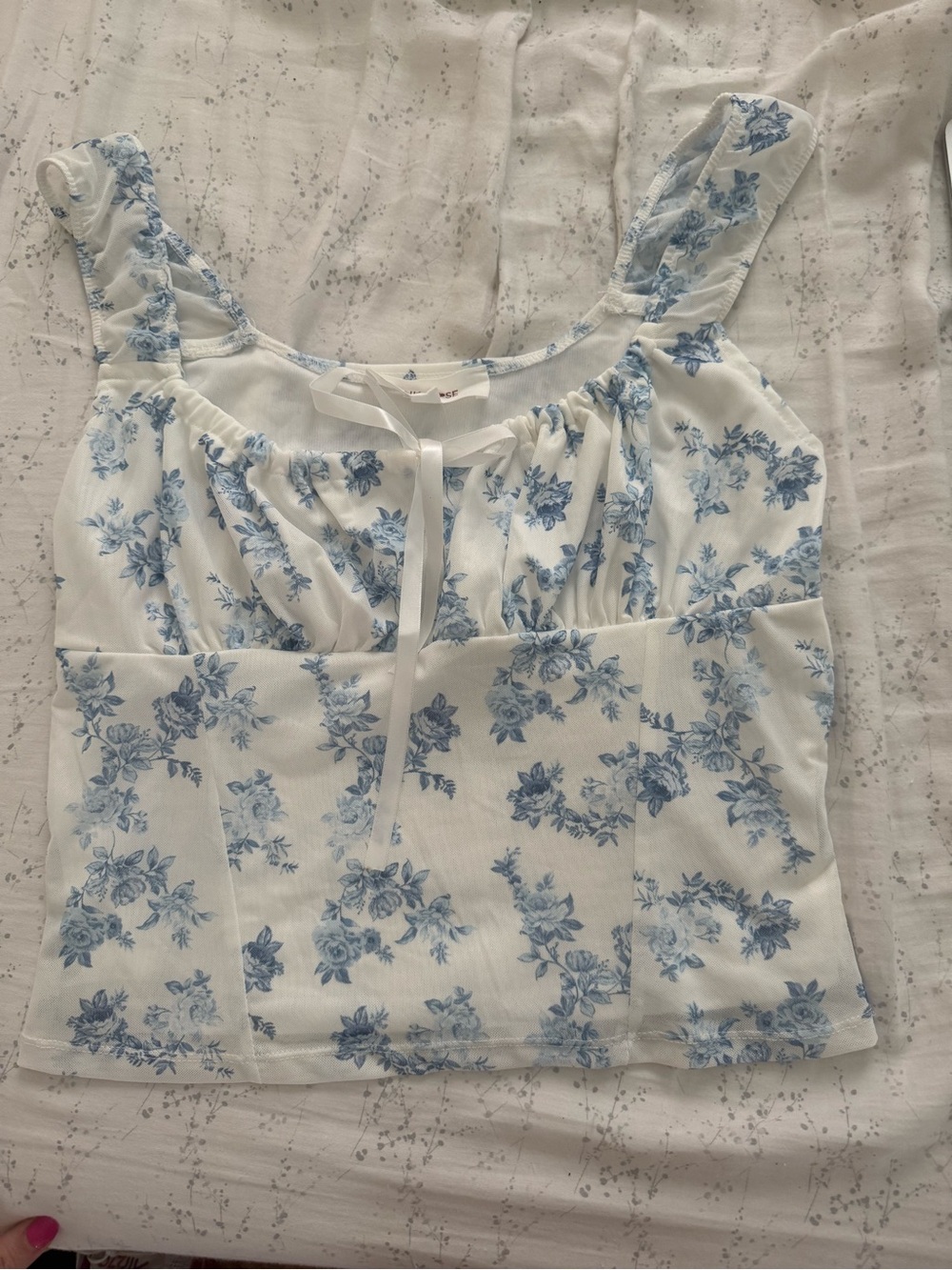 White & Blue Floral Square-Neck Tank Top